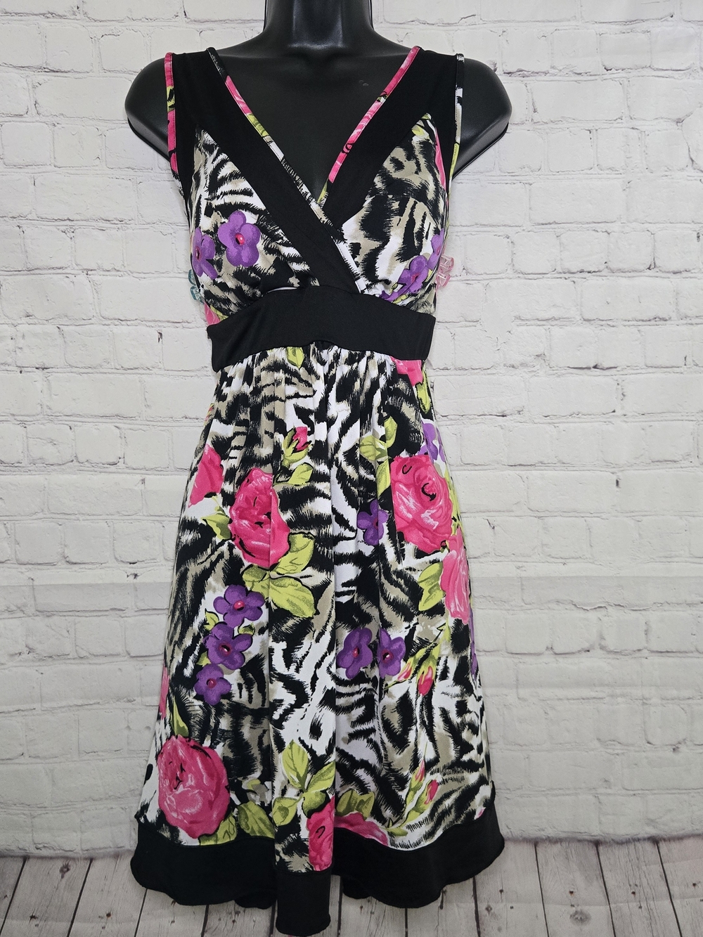 new directions Black Zebra‎ Floral Mesh Bust Tie Back Midi Dress Y2k Indie Sz Lg